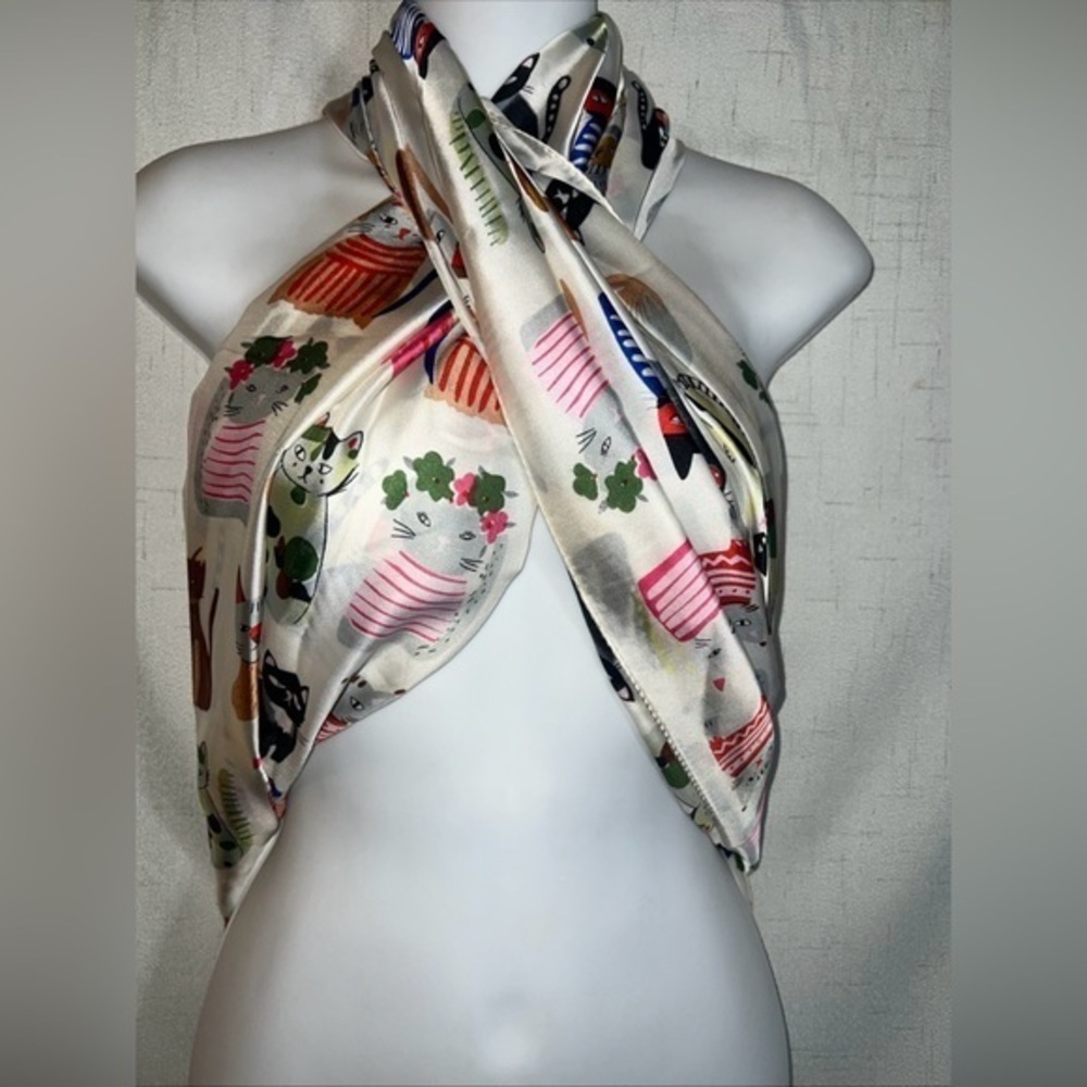 Playful Cat Pattern Satin Animal Scarf Silk Viscose 35”x74”